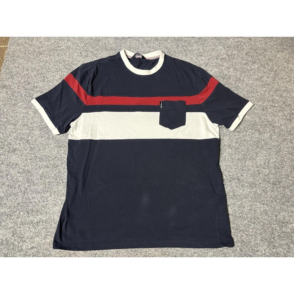 Ben Sherman Shirt Mens L Blue Stripe Ringer Pocket Crew Neck Jersey Tee Cotton
